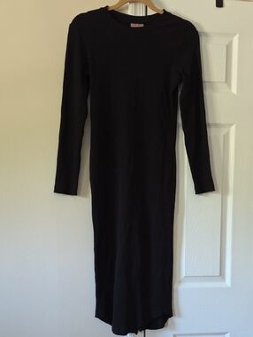 Terez M Black Midi Dress With Slit, Long Sleeve, Cotton Blend.